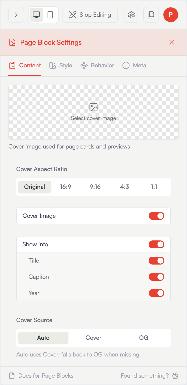 The page-block panel — Content tab