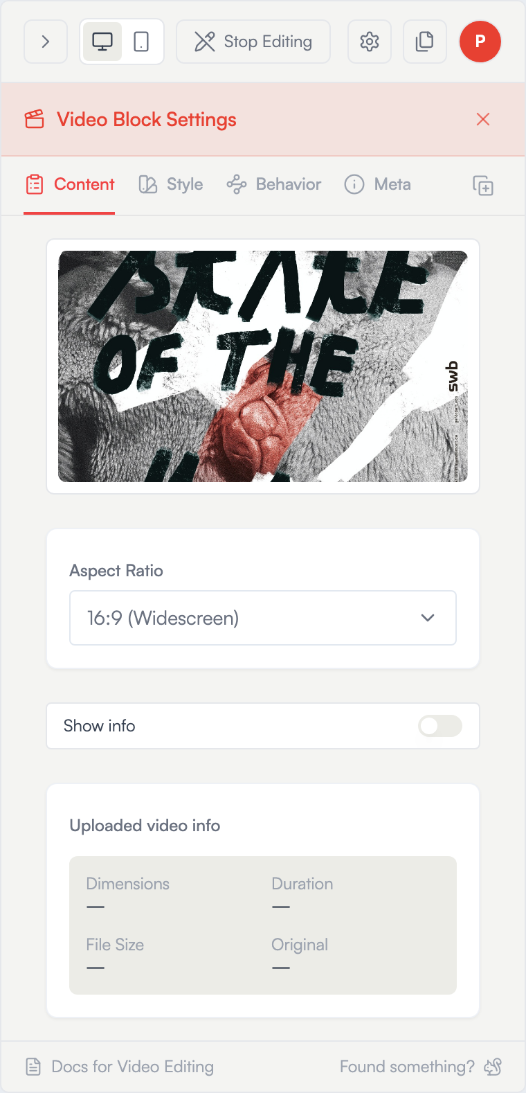The video edit panel — Content tab