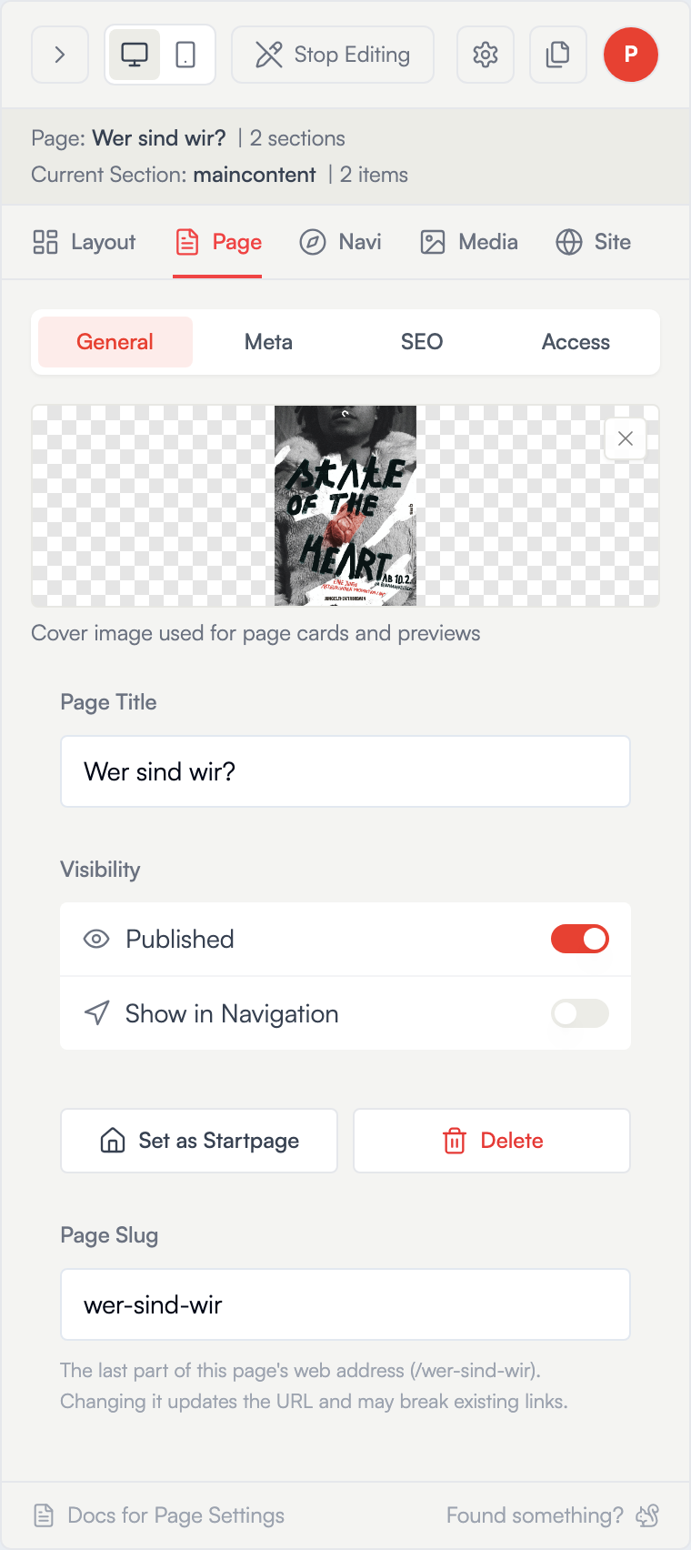 The Page panel — General tab