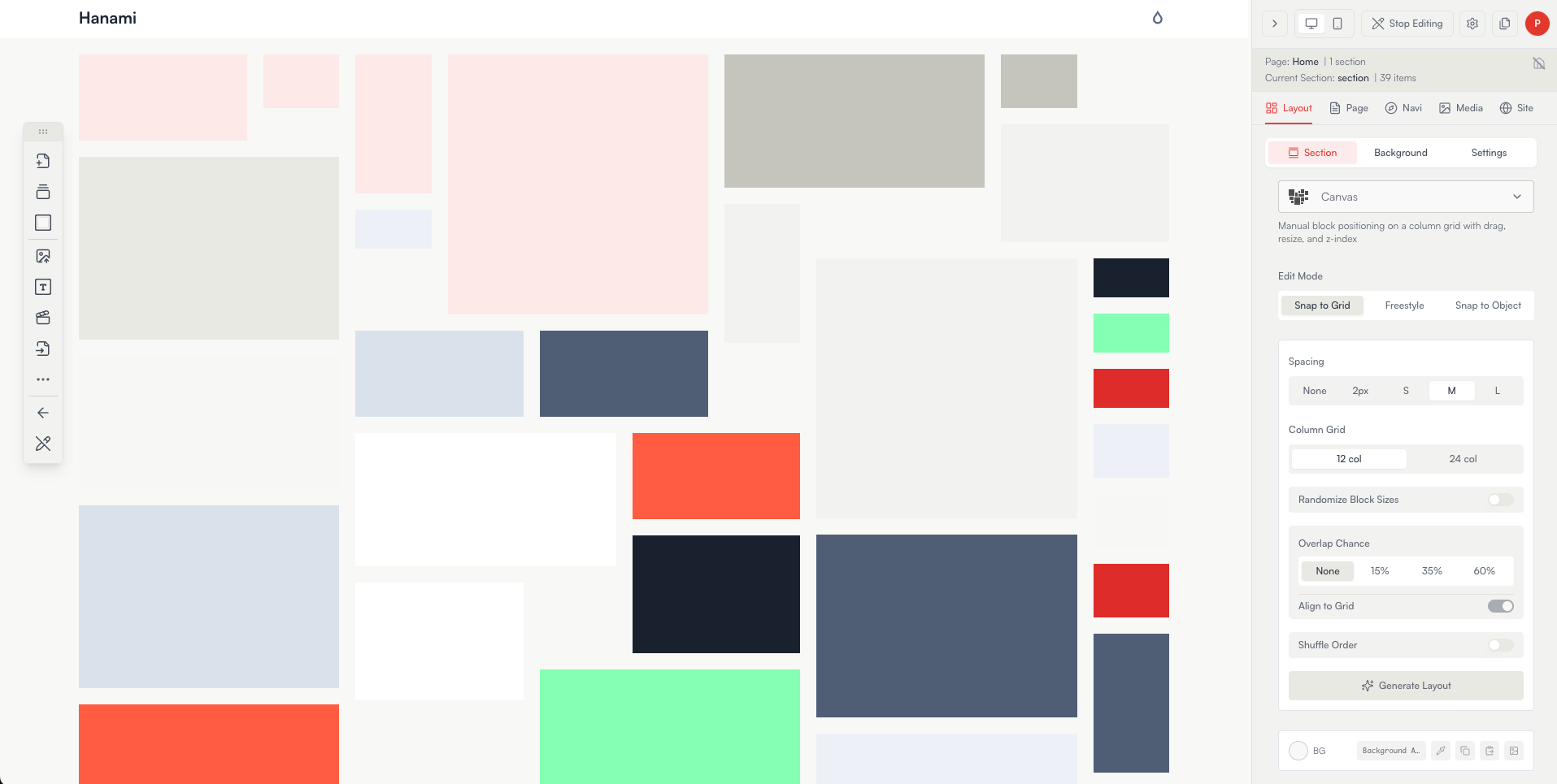 The editor — canvas with the side panel open on the right
